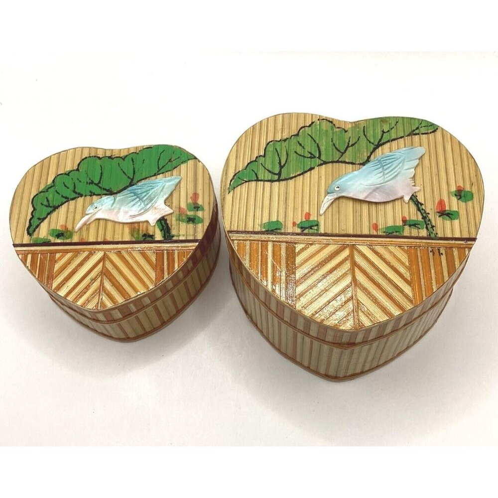 1980s Chinese Handcrafted Marquetry Inlaid Bamboo Mother Of Pearl Trinket Boxes
